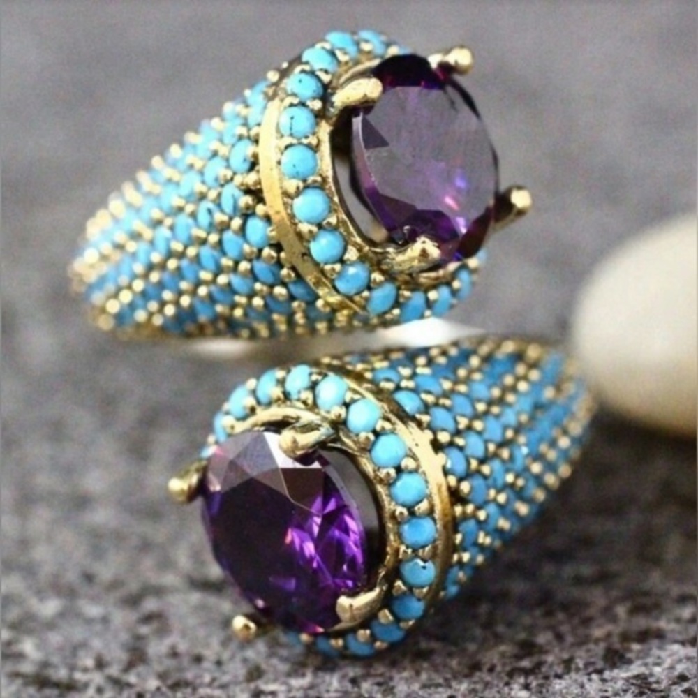 ✨NEW Elegant Purple and Turquoise Gold tone spiral boho Ring